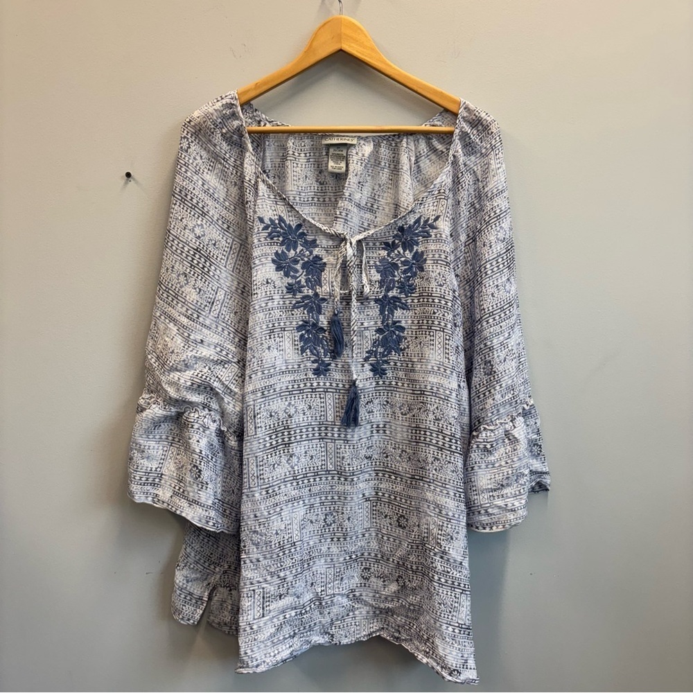 Catherines 3X‎ Top Boho Blouse Embroidered blue white bell 3/4 sleeves